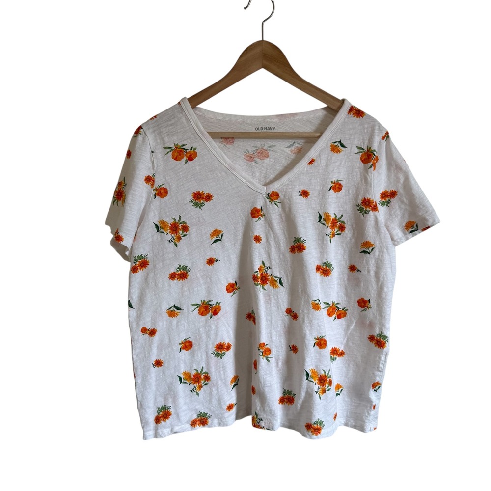 Old Navy Everywear White Floral Print V Neck T Shirt Womens L Tall Casual